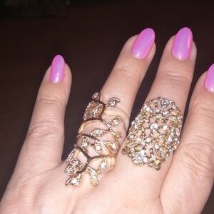 2 Sparkling Crystals Gold Tone Filigree Statement Rings Size 8.75